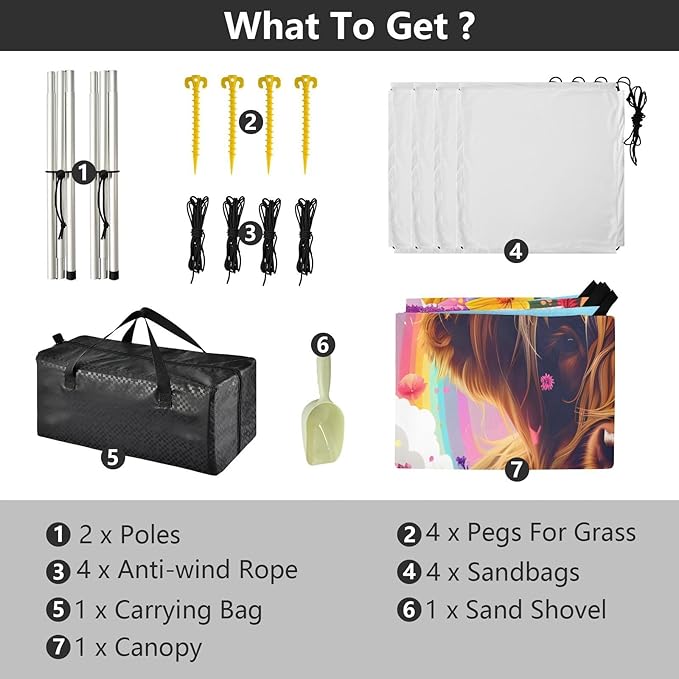 ALAZA Cow Bull Rainbow Daisy Beach Tent Sun Shelter UPF50+ Protection Beach Shade Canopy w/ 4 Sandbags for Outdoor Camping Fishing Backyard Fun Picnic 10x9 ft
