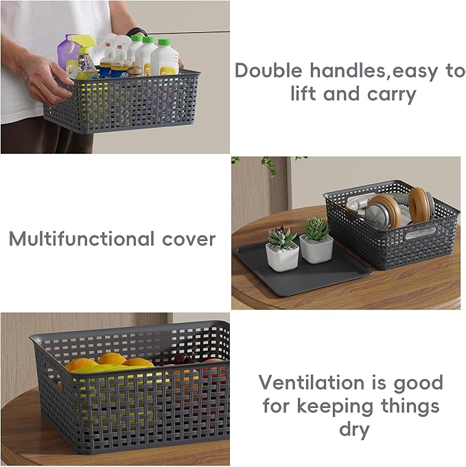 13 Quart Plastic Storage Baskets with Lid Weave Organizing Bins Gray 6 Packs