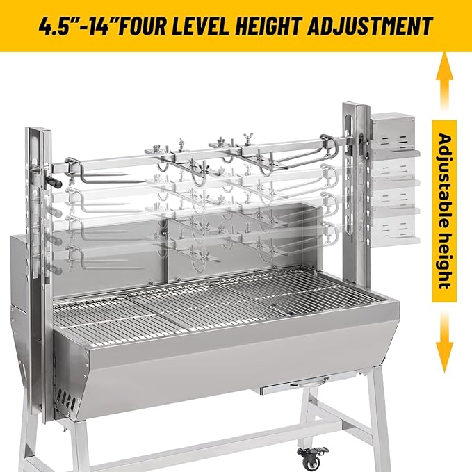 132LBS Rotisserie Grill with Hooded Cover 25W Motor BBQ Lamb Pig Grill Roaster Rotisserie 35 Stainless Steel Charcoal Grills for Camping Outdoor Barbecue