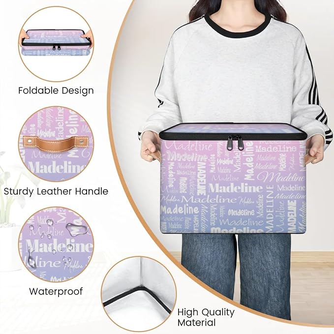 Custom Storage Basket with Name Personalized Keepsake Box with Zipper Lid Foldable Fabric Memory Bin Large capacity with Handle Pink Purple