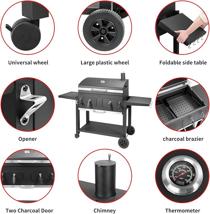 Charcoal Grill Outdoor BBQ Grill Extra Large Cooking Area 794 Square Inches with Two Individual &amp Adjustable Charcoal Tray Foldable Side Tables for Outdoor Cooking Backyard Camping Picnics By DN