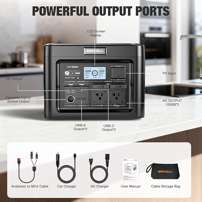 GRECELL 1200W Portable Power Statio with 200W Portable Solar Panel 23.5% High Efficiency Solar Panel 672Wh LiFePO4 Battery Solar Generator with 9 Output Ports for Outdoor Camping RV Travel