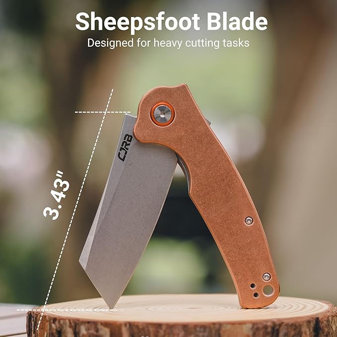 CJRB Crag Folding Pocket Knife 3.43 D2 Steel Blade Copper Handle EDC Knife with Pocket Clip for Men Women Camping Survival Hiking Stone Wash (J1904)