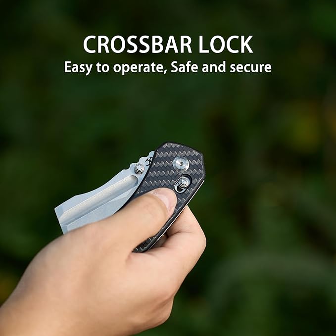 KANSEPT Korvid V Pocket Knife 2.91'' America Stonewashed D2 Blade Twill Carbon Fiber Handle Thumb Stud with Crossbar Lock Double Sided Clip for EDC Camping Folding Knives TE2030V7