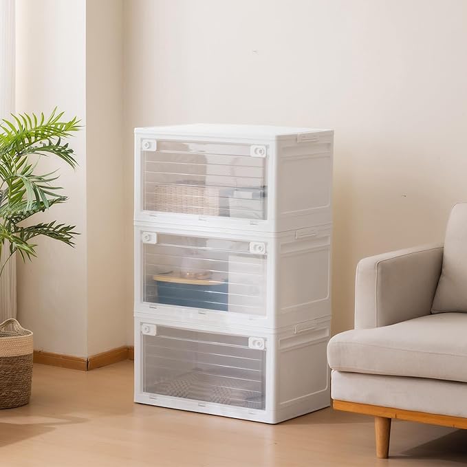 3-Tier 101QT Stackable Storage Bins with Lid Doors &amp Wheels Collapsible Plastic Organizer Bins for Closet Bedroom White