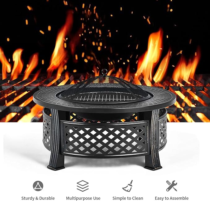 Giantex 3 in 1 Fire Pit 32 Outdoor Wood Burning Fire Pit Multifunctional Round Firepit Stove Metal Fire Bowl with Cover Portable Fire Pits for Outside Heating Bonfire Picnic Grill
