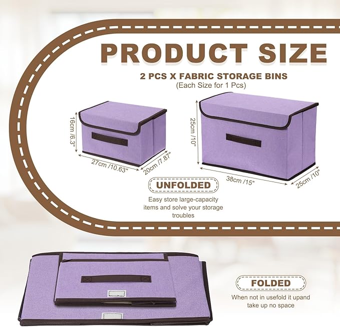 uxcell 2Pcs Storage Bin with Lid Fabric Foldable Box Decorative Storage Boxes with Lids for Keepsake Shelf Closet Nursery Home Bedroom(Purple S &amp L Size)