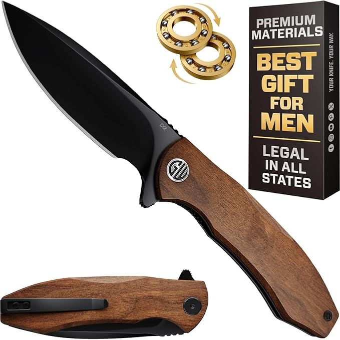 High-End Folding Pocket Knife – D2 Steel Blade Guibourtia Wood Handle &amp Smooth Ball Bearing Pivot – Elegant Gift-Ready EDC Knife with Deep Carry Clip Legal in All States - Gifts for Men 6700 NEW