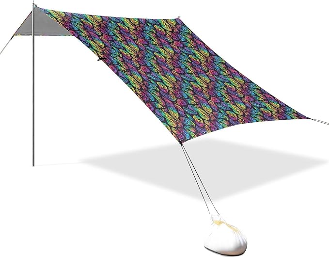 ALAZA Paisley Rainbow Color Beach Tent Sun Shelter UPF50+ Protection Beach Shade Canopy w/ 4 Sandbags for Outdoor Camping Fishing Backyard Fun Picnic 10x9 ft