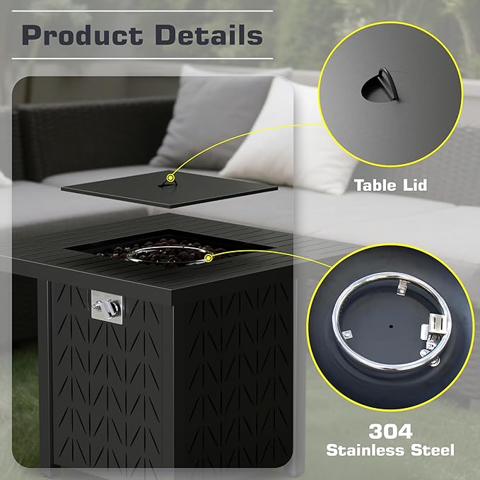 28'' Propane Fire Pit Table 2 in 1 Rectangular Outdoor Fireplace Outside Patio Deck and Garden Gas Fire Pit Table with Lid and Stone 50000 BTU Adjustable Flame