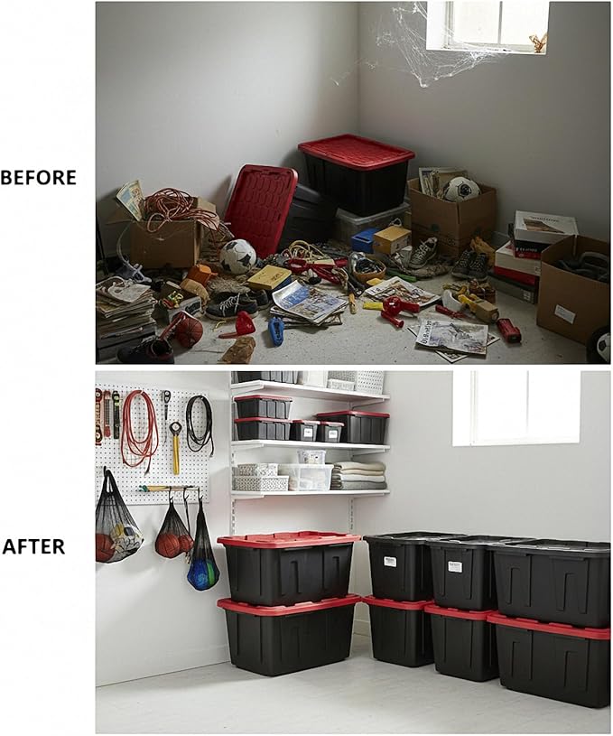 27 Gal Industrial Tote2 Pack Large Storage BinBlack with Red Lid Plastic Storage Container Stackable &amp Nestable Heavy Duty Storage Totes Suitable for Garages Basements or Outdoors (2 Pack)