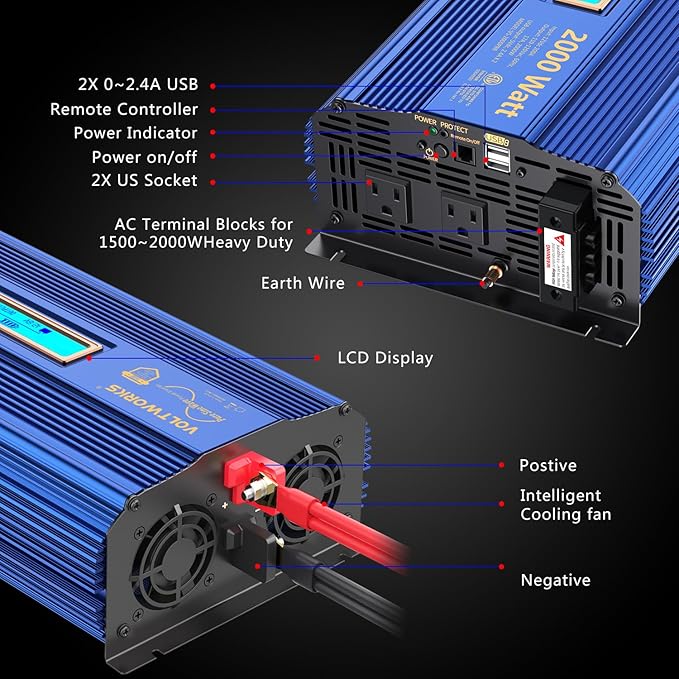 2000Watt Pure Sine Wave Power Inverter 12V DC to 110V 120V AC ETL UL458 Compatible with Lithium Battery Starlink for Off-Grid Solar RV Home Truck with 2.4A USB Ports &amp 1AC Terminal Block by VOLTWO