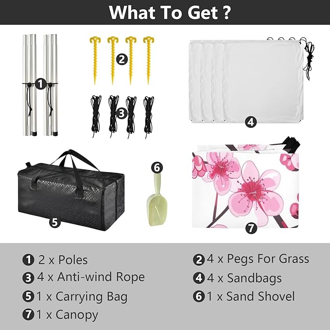 ALAZA Pink Cherry Blossom Flower Floral 2 Beach Tent Sun Shelter UPF50+ Protection Beach Shade Canopy w/ 4 Sandbags for Outdoor Camping Fishing Backyard Fun Picnic 10x9 ft