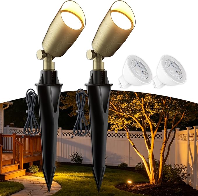 Low Voltage Brass Landscape Lights Solid Outdoor Spotlights with Replaceable MR16 LED Bulb 5W 2700K Warm White 12V 24V Landscape Lighting Waterproof Design for Garden Yard Patio