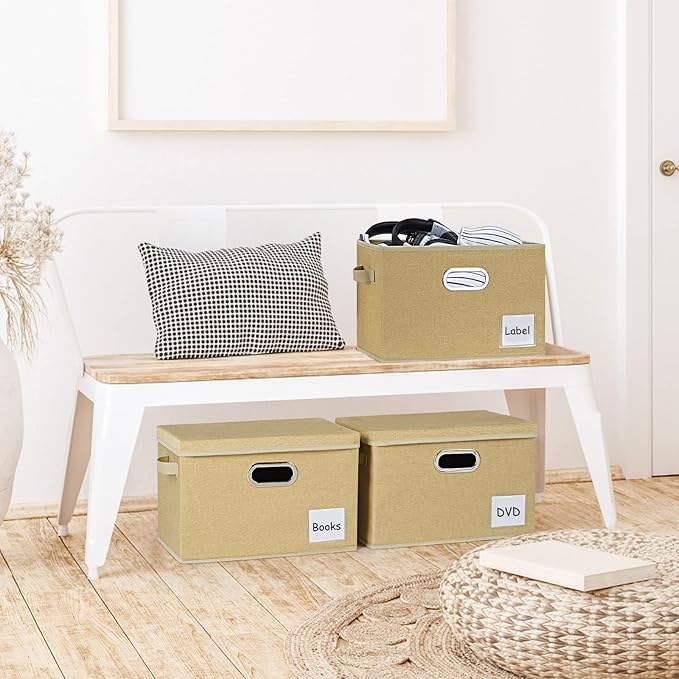 LHZK Large Storage Bins with Lids 6 Pack Foldable Linen Fabric Storage Boxes with Lids Sturdy Fabric Storage Bins with Label &amp 3 Handles for Shelves Bedroom Home Office (Beige Large)