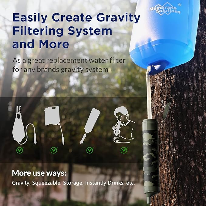 Membrane Solutions Squeezable Water Filtration System Survival Water Purifier Kit Portable Backpacking Gear Including Water Filter Straw and 23oz Collapsible Bottle for Hiking Camping Travel(7+6)