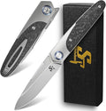 Sitivien ST992 Folding Pocket KnifeHandmade M390 Pearlescent Brushed Steel BladeTitanium Carbon Fiber Handle EDC Tool Knife for Outdoor CampingHikingSurvivalHunting(Gray)