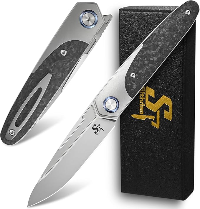 Sitivien ST992 Folding Pocket KnifeHandmade M390 Pearlescent Brushed Steel BladeTitanium Carbon Fiber Handle EDC Tool Knife for Outdoor CampingHikingSurvivalHunting(Gray)