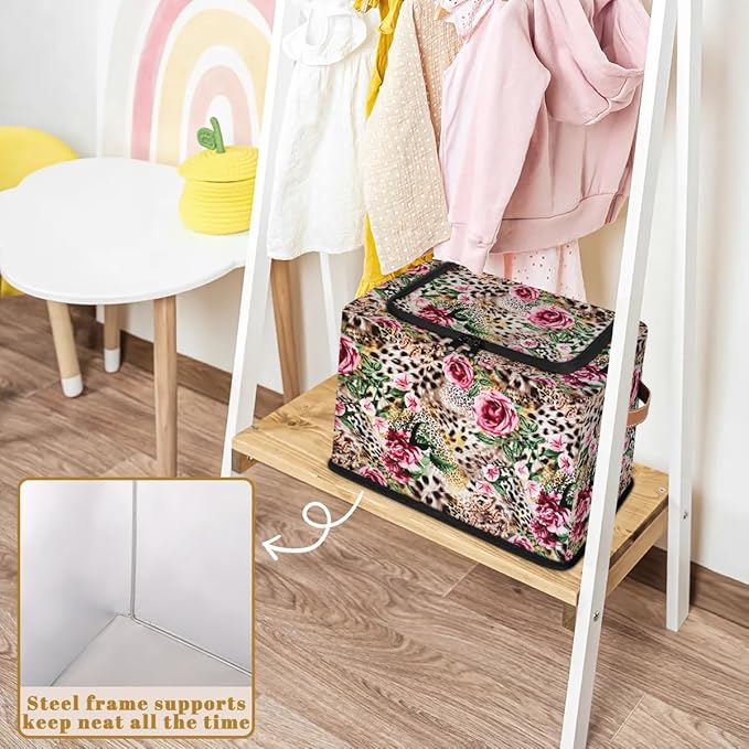 Clothes Storage Bins with Metal Frame Leopard Print Flower Storage Boxes with Zipper Lids Collapsible Cube Clothing Storage Bag with Leather Handle Closet Clothes Organizer Container