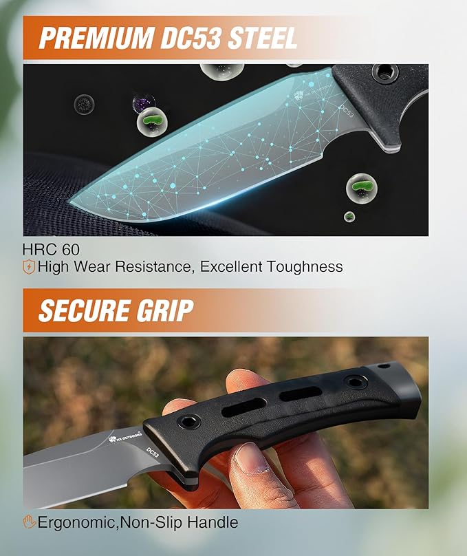 HX OUTDOORS Fixed Blade Camping Knife with Fire Starter Premium DC54 Steel Full Tang Bushcraft Survival Knife with Kydex Sheath for EDCOutdoorCampingHiking