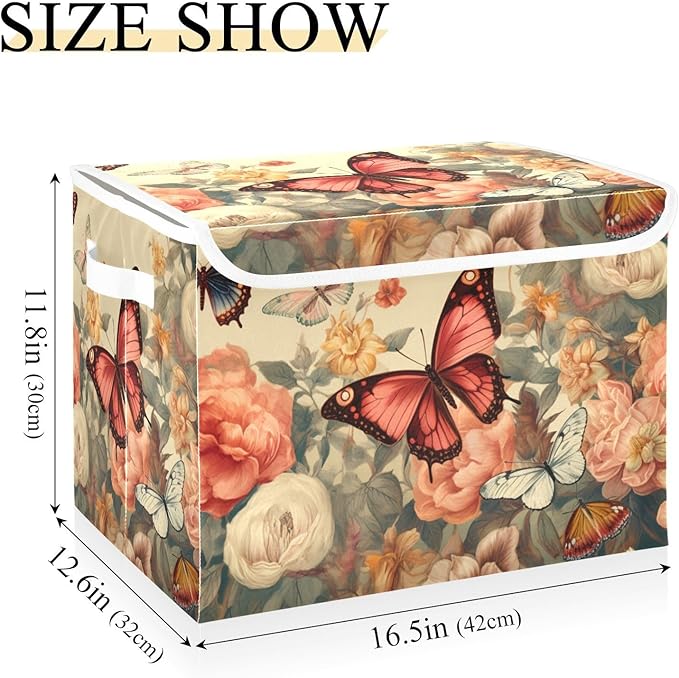 Butterfly Garden Colorful Collapsible Storage Bins with Lids &amp Handles Foldable Storage Boxes Basket with Flip-Top Lid for Home Office 16.5” x 12.6” x 11.8”