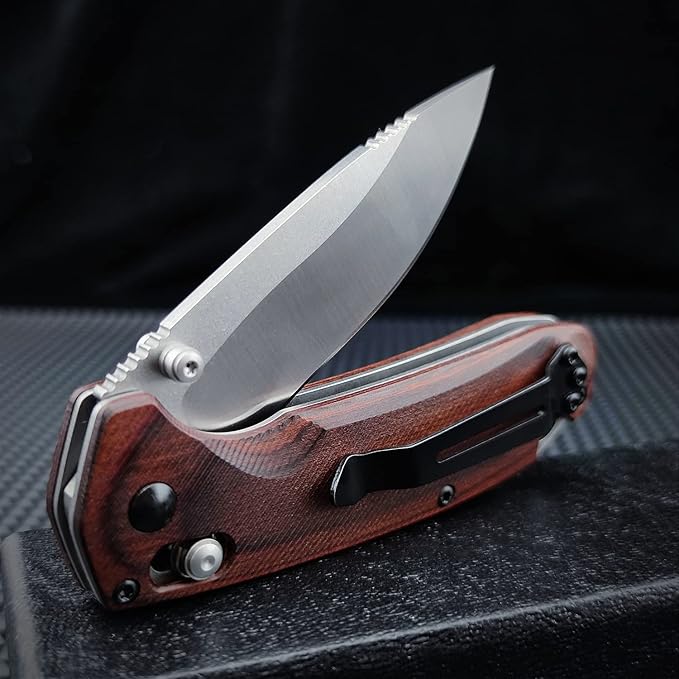 7 Folding KnifeD2 Steel Knife Pocket Knife with Wood HandleThumb Stud and Pocket Clip for Indoor Outdoor