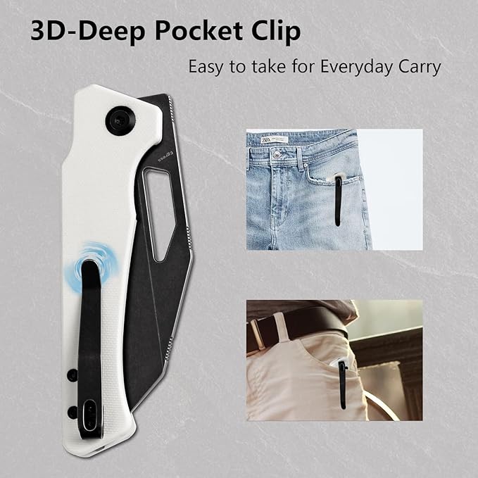 KANSEPT Egress Pocket Knives 8.24in Folding Knife with Black Stonewashed 14C28N Blade White G10 Handle Pocket Tactical Knife for Men Women Envelope Opener with Thumb hole T1033A4
