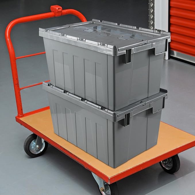 15 Gallon Industrial Lockable Plastic Storage Tote with Hinged Attached Lid Commercial Flip Top Tote Storage Container Bin Tote for Transport and Warehouse Heavy Duty Gray 4 Packs