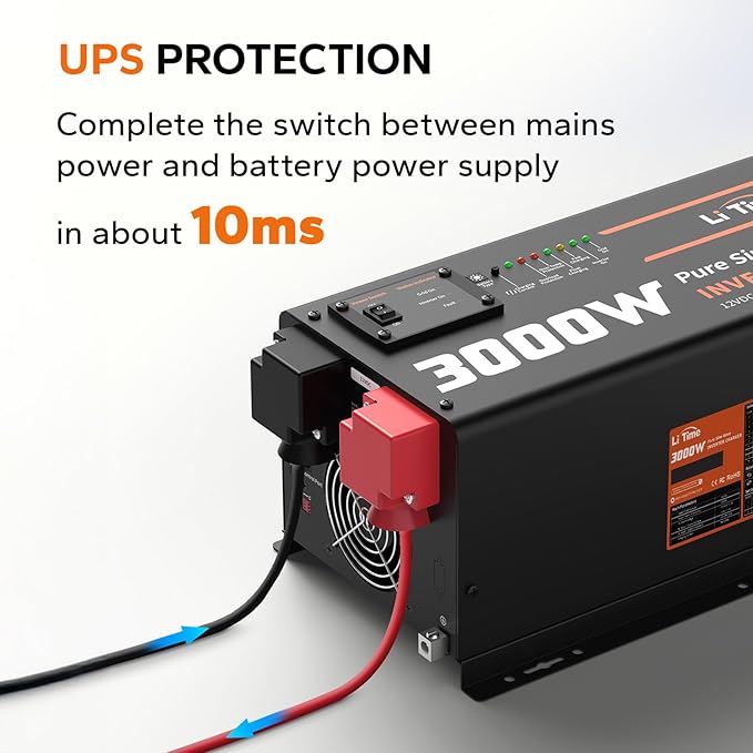 LiTime 3000W Inverter Charger Pure Sine Wave Inverter 12V DC to 120V AC 9000W Peak Power UPS Function 5A - 45A Adjustable Current LCD Remote Control for RV Home Backup Truck Boat