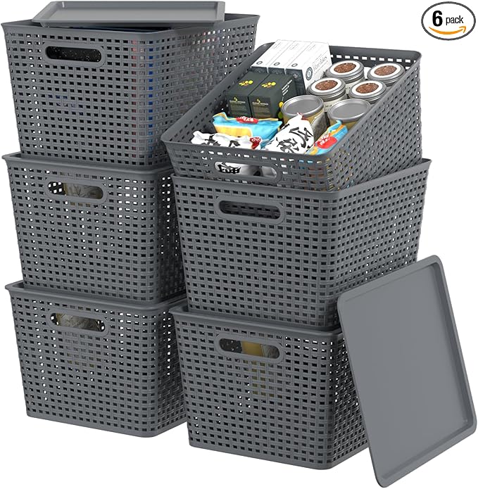 6-Pack Large Plastic Storage Basket Bins with Lid Stackable Storage Baskets with Lids 14.05 x 11.65 x 8.66 Gray