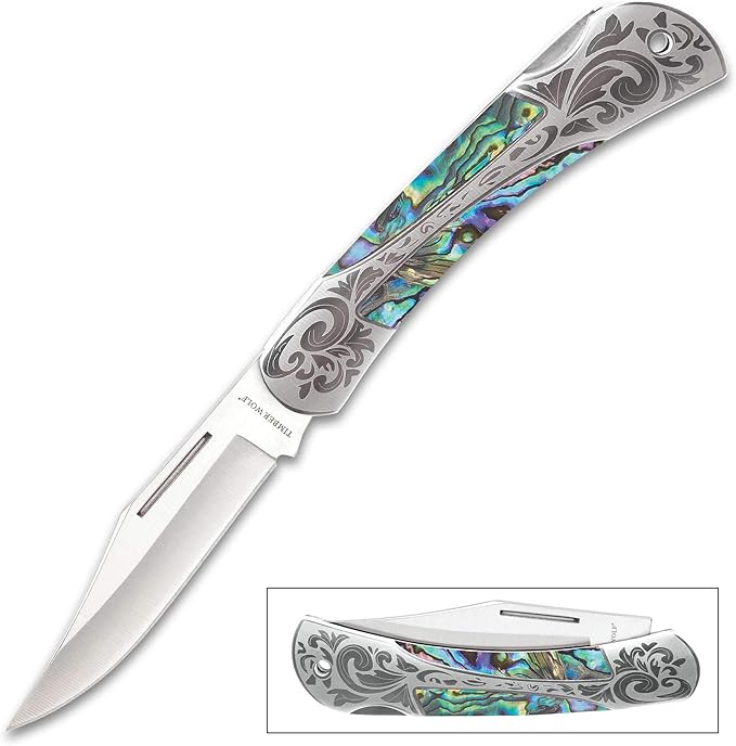 Timber Wolf Gentleman’s Genuine Pearl Pocket Knife | 3 1/4” Stainless Steel Clip Point Blade | Genuine Pearl Inlays | Nickel Silver Bolsters | Lockback Mechanism | 7 1/2 Overall Length