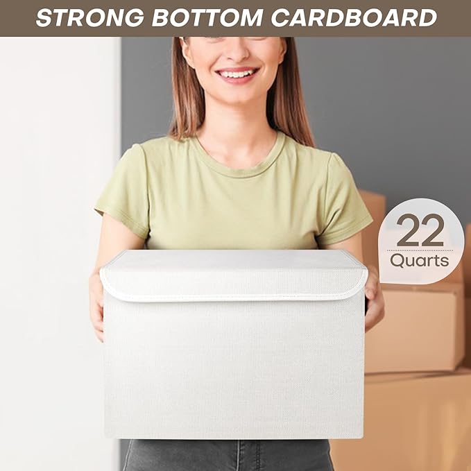 Bagnizer Large 22 Quart Linen Fabric Foldable Storage Bin Cube Organizer Basket with Flip-Top Lid &amp Handles Clothes Blanket Box for Home Office Closet White 4 Pack 14.6 x 9.5 x 9.5”