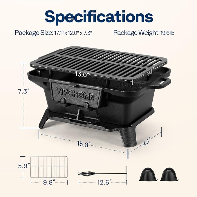 VIVOHOME Rectangle Cast Iron Charcoal Grill with Double-Sided Grate Portable Outdoor BBQ Grill Compact Tabletop Grill Stove (Note: The charcoal grid is made of stainless steel not cast iron)