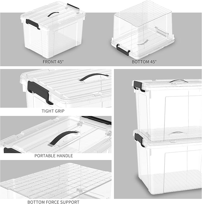 Cetomo Plastic Storage Bin Box Organizing Container with Lid and Secure Latching Buckles Clear 72Qt x 6 Pack of 6