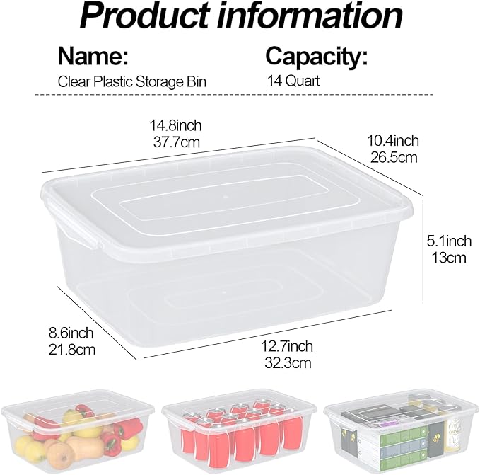 Anbers Pack of 3 Plastic Storage Bins with Latching Lid 14 QT Rectangle Dough Organizing Boxes Clear