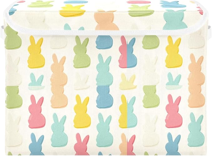Beige Cartoon Rabbit Easter Storage Box with Lid 1 PC Foldable Storage Bin with Lids Stackable Storage Bins Cube Closet Organizer Basket with Flip-Top Lid &amp Handles for Shoes Books Towels
