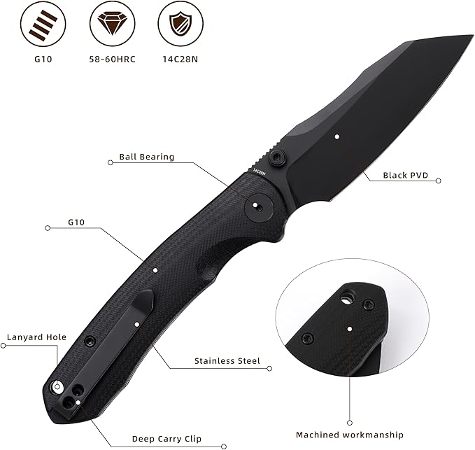 Folding Pocket Knife 3.35 14C28N Blade G10 Handle EDC Knife with Liner Lock Small Pocket Knife with Clip for Men Sharp Camping Hiking Hunting Survival Knives (Black)