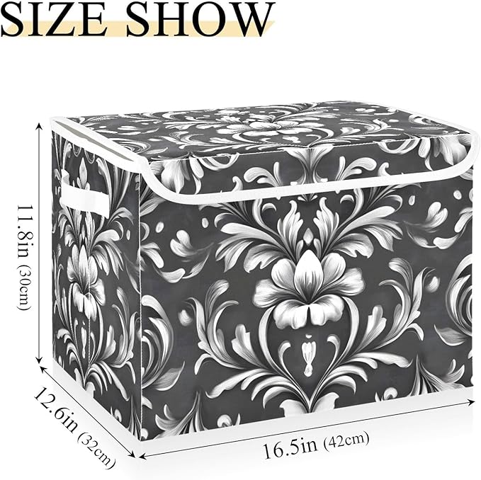 Damask Ornament Lidded Storage Bins with Handles - 16.5x12.6x11.8 Foldable Organizing Box Oxford Fabric &amp Honeycomb Board Dust-Proof Flip Lid for Closet/Office