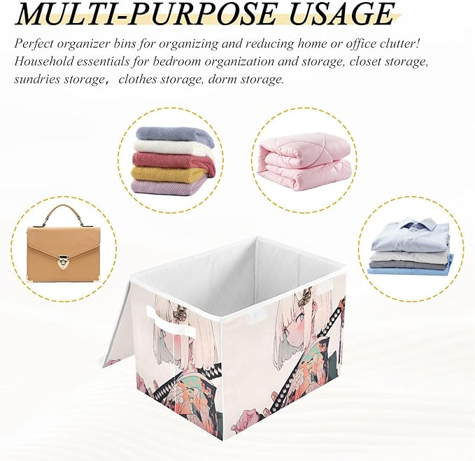Storage Cube with Lid Beautiful Samurai Print 16.5×12.6×11.8 IN Collapsible Large Capacity Foldable Storage Basket Bin Organizer