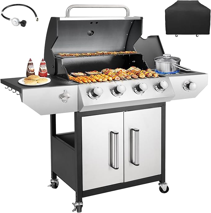 Kendane 4-Burner Propane Gas BBQ Grill with Side Burner Barbecue Gas Grill with Enameled Cast Iron Grates for Outdoor Patio Garden Barbecue 53000 BTU Stainless Steel Grill Cover included