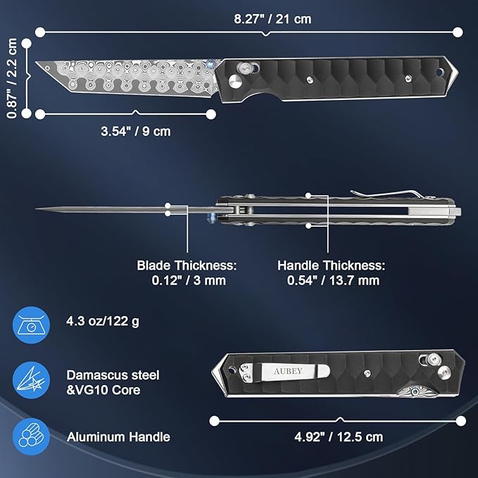 AUBEY Damascus Axis Lock Pocket Knife 3.54 Tanto Blade Crossbar Lock Folding Knives with Clip for Men Women Aluminum Handle with Glass Breaker for EDC Camping Gift