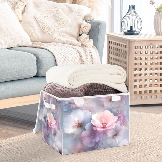 Collapsible Storage Bins with Lids Decorative Fabric Storage Cubes Closet Organizer and Storage Basket Boxes Containers for Clothes Box Chest Folding Rectangle Blue Purple Cherry Blos