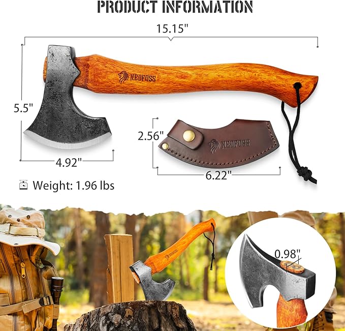 NEDFOSS Mammoth Camping Hatchet Axe 15 Camping Axe with 1065 High Carbon Steel &amp Wooden Handle Multi-Purpose Hatchet Axe for Camping Bushcraft and Survival Gift for Men