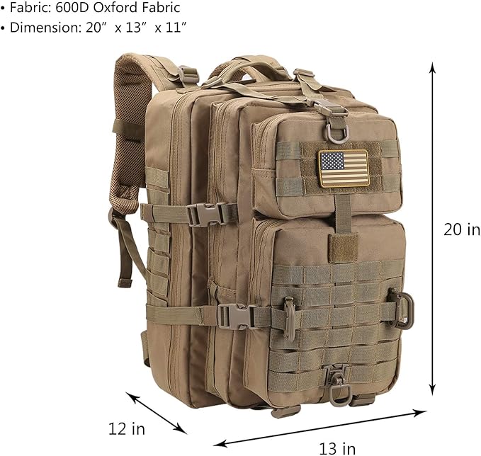 Hannibal Tactical MOLLE Assault Pack Tactical Backpack Military Army Camping Rucksack 3-Day Pack Trip w/USA Flag Patch D-Rings Coyote