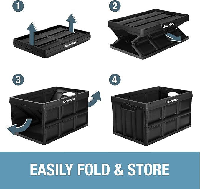 CleverMade Collapsible Storage Bins - Obsidian 3 Pack 46L - Stackable Containers Heavy Duty Capacity Folding Crates - Space-Saving for Home