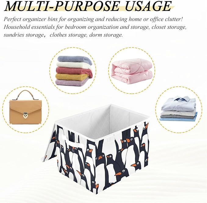 Collapsible Storage Bins with Lids Decorative Fabric Storage Cubes Closet Organizer and Storage Basket Boxes Containers for Clothes Box Chest Nursery Folding Rectangle Black White Penguin