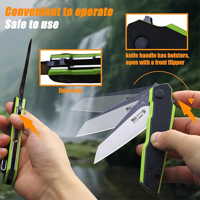 WPKOPYA 7.8in Folding Pocket Knife with D2 Steel Blade G10 Handle Ball Bearing Pivot Stonewashed Finish – Outdoor EDC Utility Tool for Camping Hiking Survival Use(G10 - Black/Green)