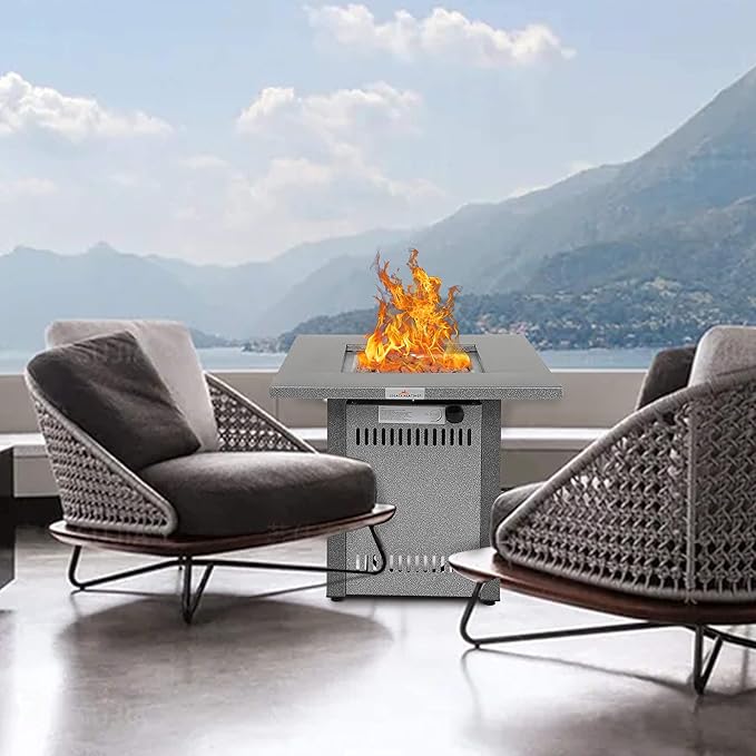 LEGACY HEATING Gas Fire Pit Table 28 inch Outdoor Propane Fire Pit Table 50000 BTU 28 Square Fire Table with Lid &amp Lava Rock Silver Grey Texture for Outside Patio Yard Party Balcony and Lawn