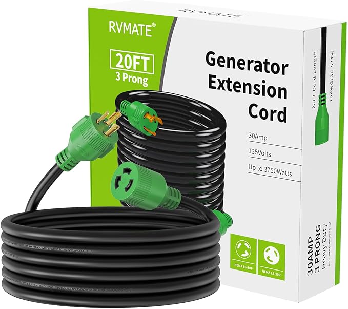 RVMATE 3 Prong 30 Amp Generator Extension Cord 20 Feet NEMA L5-30P/L5-30R 125V SJTW Jacket