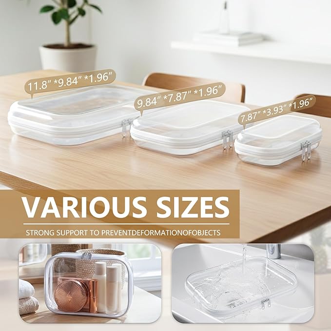 6 Pack Clear Hard Shell Zipper Case Set (2 Large/2 Medium/2 Small)Clear Hard Plastic Zipper Pouches Transparent Stackable Storage Case for Crafts Toys Cosmetics Toiletry Bag for Travel